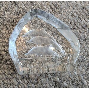 Vintage Nybro Sweden Carved Crystal Paperweight Glass Statue Dolphins 5.5''